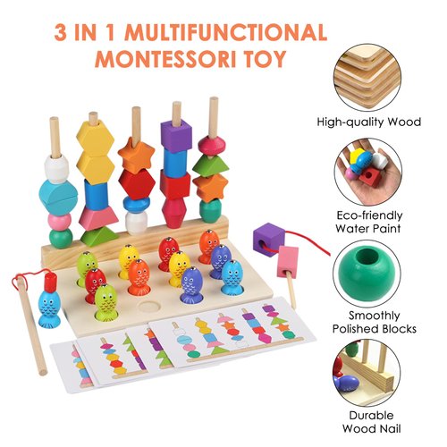 JYCHX Montessori Wooden Bead Sorting Toy Set with Fishing, Stacking Blocks, Beads and Matching Shape Stackers for 3 4 5 + Years Old Boys/Girls STEM Preschool Learning Toys for Gifts