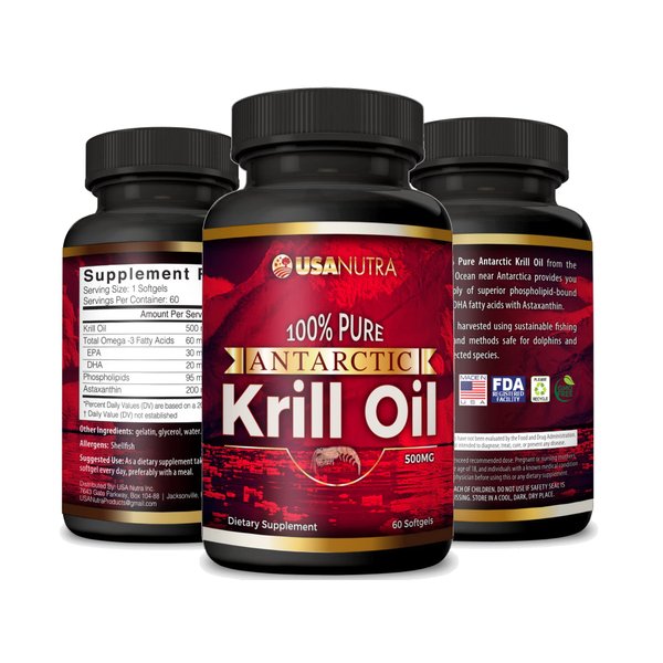 Antarctic Krill Oil Softgels 100% Pure with Omega-3 EPA DHA Astaxanthin 1000mg per Day 60 Softgels. Made in The USA
