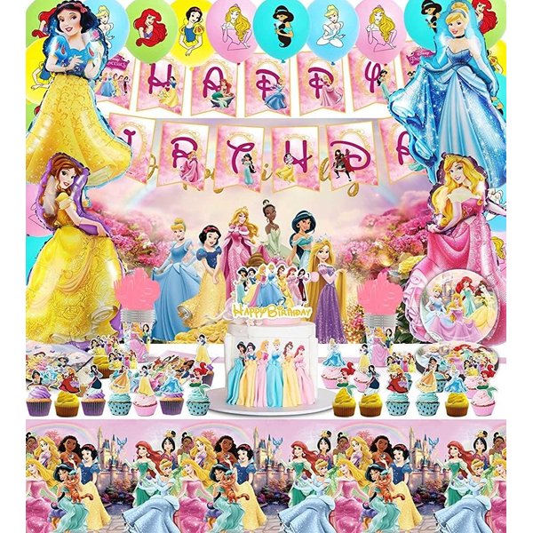 Princess Birthday Decoration for 24 Guests, 197Pcs Party Supplies, Happy Birthday Backdrop, Banner, Balloons, Aluminum film balloon, Cake Topper, Tablecloth, Tableware, Hanging Decoration