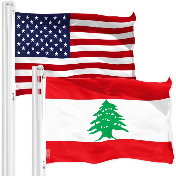 G128 Combo Pack: American USA Flag 3x5 Ft & Lebanon Lebanese Flag 3x5 Ft, Both Printed 150D Polyester, Indoor/Outdoor, Brass Grommets