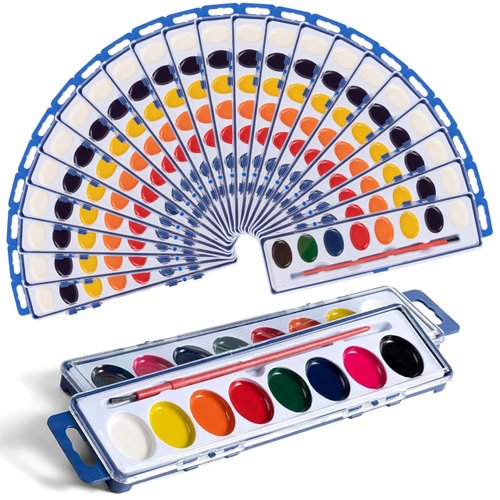 Neliblu Watercolor Paint Set for Kids - Pack of 24 Water Coloring Set with 8 Washable Colors and Paintbrush - Arts and Craft Supply for Parties, Schools, and Art Lessons - Spark Creativity in Children
