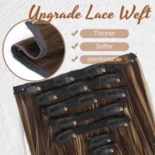 KooKaStyle Clip in Hair Extensions Thick Long Straight Hair Extensions Upgrade Soft Lace Weft Lightweight 7PCS Layered Hair Extensions Medium Brown with Warm Highlights 20Inch for Women