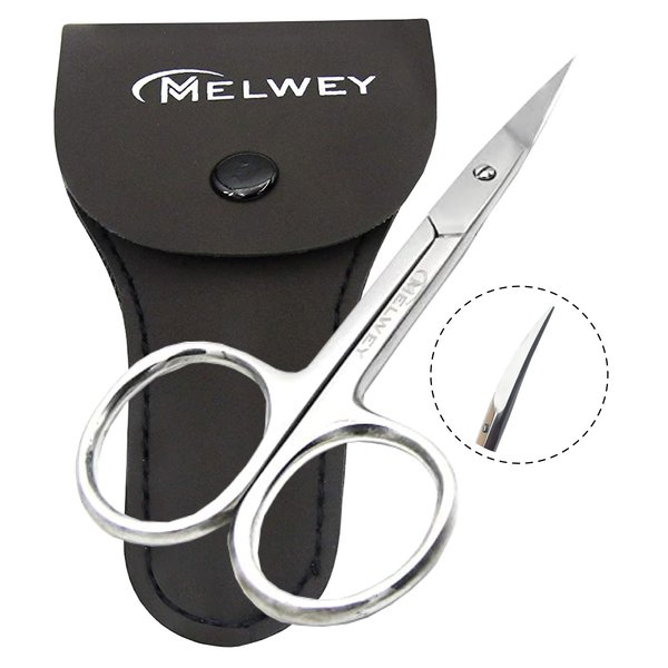 Melwey Eyebrow Scissors & Small Cuticle Scissors, Curved Blade Manicure TSA Scissors. Stainless-Steel Scissors for Eyelashes, Facial Hair, Pubic, Men Moustache & Beard.