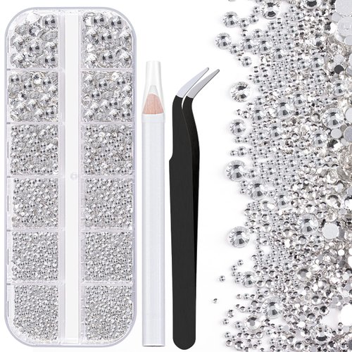 One Pack 2000 Pcs of Flatback Transparent White Clear Round Crystal Rhinestones 6 Sizes (1.5-6 mm) with Nail Art Rhinestone Picker Pencil And Tweezer For DIY And Salon Use
