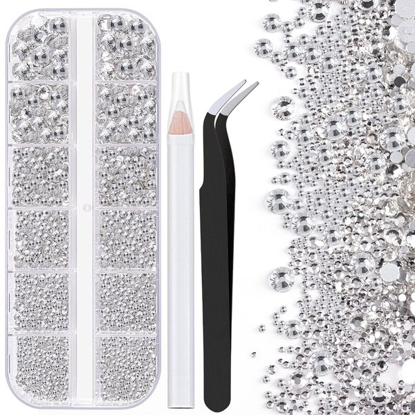 One Pack 2000 Pcs of Flatback Transparent White Clear Round Crystal Rhinestones 6 Sizes (1.5-6 mm) with Nail Art Rhinestone Picker Pencil And Tweezer For DIY And Salon Use