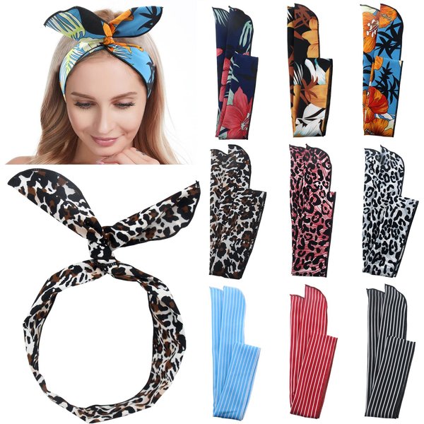 Carede Women Cheetah Print Wire Headband Rabbit Ears Hairband Wired Hair Tie Scarf Head Wrap/Assorted 9 Colors