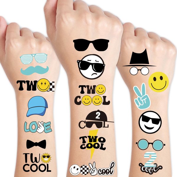 JarThenaAMCS 96Pcs Two Cool Tattoo Temporary Black Yellow Blue Fake Tattoos Decals Birthday Party Favors Tattoos Stickers for DIY Crafts Gifts Body Decor, 8 Sheets