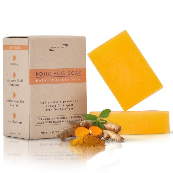 SimpleField Turmeric Kojic Acid Soap - Reduce Dark Spots and Hyperpigmentation. Natural Oils with Vitamin C, Retinol and Vitamin E - Gentle & Moisturizing for Face and Body (2 Pack)