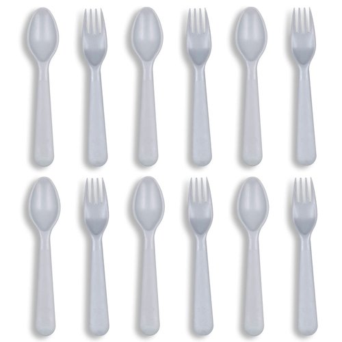 Muulaii 12 Pcs Kids Spoons and Forks Toddler Utensils Plastics Reusable Silverware Baby Cutlery Set Feeding Dinnerware Utensils BPA Free Microwave Dishwasher and Freezer Safe- Grey