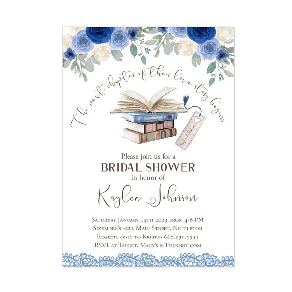 Book Bridal Shower with Blue and Cream Watercolor Flowers