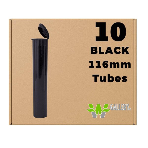 W Gallery 10 Black 116mm Pop Top Tubes - Airtight Smell Proof Containers - Plastic Medical Grade Prescription Bottles for Pills Herbs Flowers Supplements, Bulk Pack, Not Glass Jars