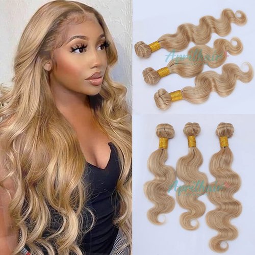 Aprilhair 8A Machine Double Weft Raw Brazilian Virgin Human Hair Extensions 3 Bundles Honey Blonde #27 Body Wave (10 10 10)