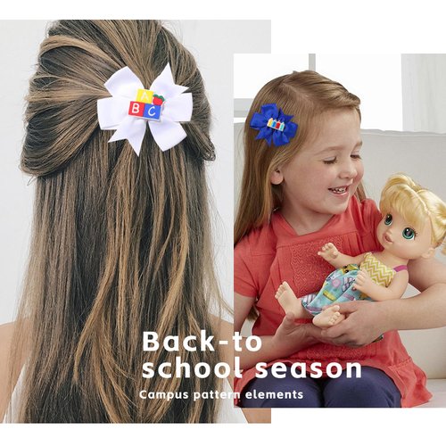 WRBAJIS 8Pcs Back to School Bow Hair Clips School Bus Pencil Hair Barrettes Grosgrain Ribbon Hair Bows Hair Accessories for Women Girls First Day of School Welcome Party Favors Gift