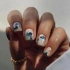 ANDGING White Press on Nails Square Extra Short Glue on Nails with Blue Flower Rhinestone Design Gel Acrylic Fake Nails for Wedding Birthday False Nails Women Manicure Stick on Nail with Glue DA858O