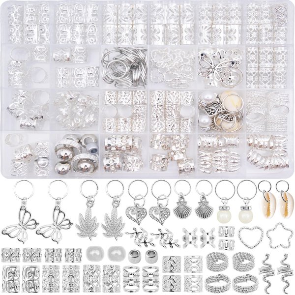 236PCS Silver Hair Accessories and Hair Beads: Hair Jewelry and Charms for Braids, Hair Rings, and Braid Accessories - Ideal for Dreadlock Accessories, Loc Jewelry and Hair Cuffs Rave Hair Accessories