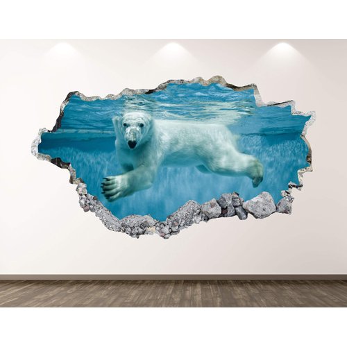 Polar Bear Wall Decal Art Decor 3D Smashed Underwater Animal Sticker Mural Kids Room Custom Gift B277 (70"W x 40"H)