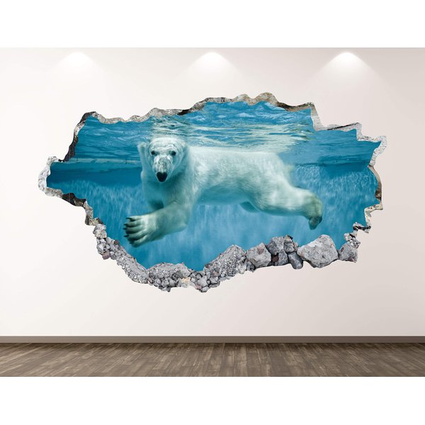 Polar Bear Wall Decal Art Decor 3D Smashed Underwater Animal Sticker Mural Kids Room Custom Gift B277 (70"W x 40"H)