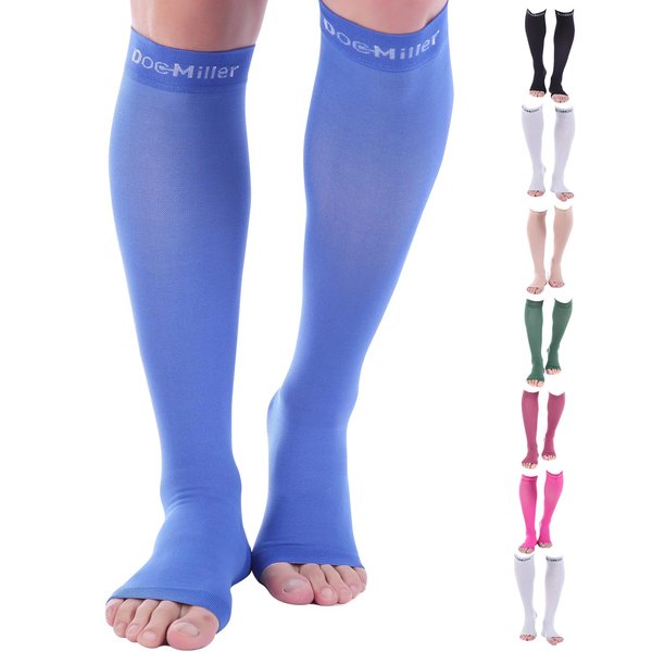 Doc Miller Open Toe Compression Socks, 20-30 mmHg, Toeless, Support Circulation, Shin Splints, Calf Recovery, Post Op, Knee High, Medical Grade, Blue Socks, Small Size for Men & Women, Pair