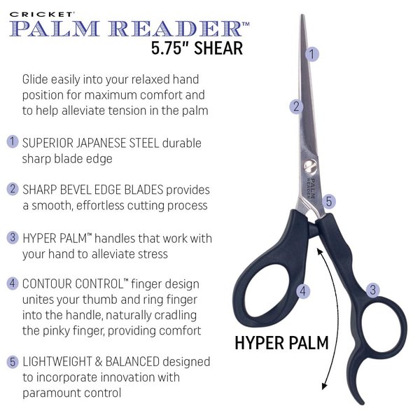 Cricket Palm Reader Shear 5.75" Hair-Cutting Scissor Sharp Stainless Steel Blades, Lightweight for Dry and Wet Hair-cuts on all Hair Types
