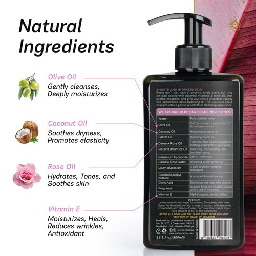 AUTHENTIC BATH & SOAP Natural - Damask Rose Oil Liquid Hand Soap - Hydrating for All Skin Types, with Vitamin E, Cruelty Free, Vegan, Biodegradable, Sulfate Free, Palm Oil Free 16.9 Fl Oz