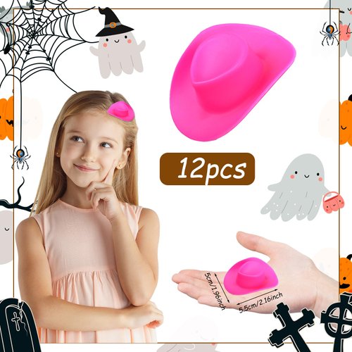 12 Pcs Mini Western Cowboy Cowgirl Hat Hair Clips, Plastic Mini Hat Hair Clip, Cute Cowboy Hat Clips, Cowgirl Hat Hair Clip for Decoration Accessories Toy Doll Dress Up Play House Games (Hot Pink)