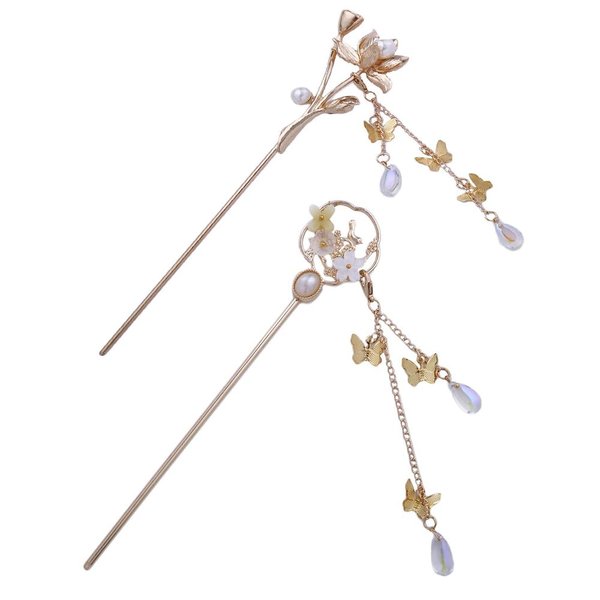 Pokinge 2Pcs Vintage Tassel Metal Hairpin Chinese Bridal Hair Sticks Headdress Butterfly Crystal Hairpin Flower Pearl Hairpin Women Hair Accessories