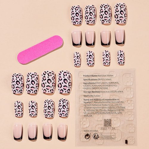 24Pcs Leopard Press on Nails Medium Fake Nails Square Shape Acrylic Nails French Tip Stick on Nails with Designs Glossy Glue on Nails for Women and Girls Nail Art Decorations