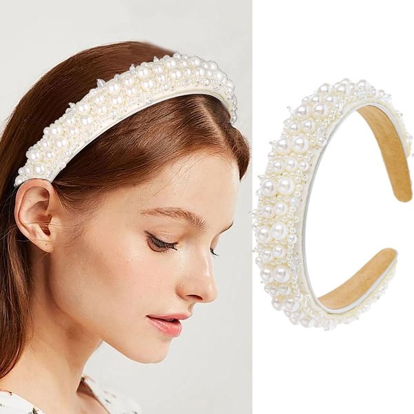 Fdesigner Wedding Pearl Headbands White Bead Hairband Crystal Wide Headband Bride Hair Accessories for Women