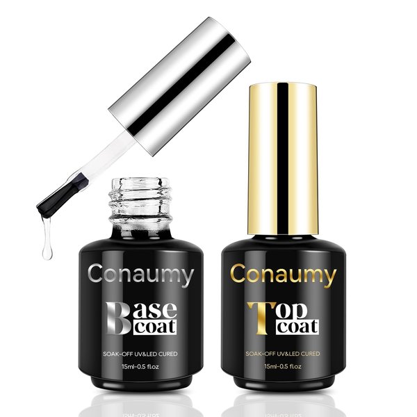 Conaumy 2 Pcs 15ml top and base coat nail polish Shine Finish No Wipe gel base coat and top coat nail polish Long Lasting uv gel base and top coat Gel Nail Manicure Gifts for Women