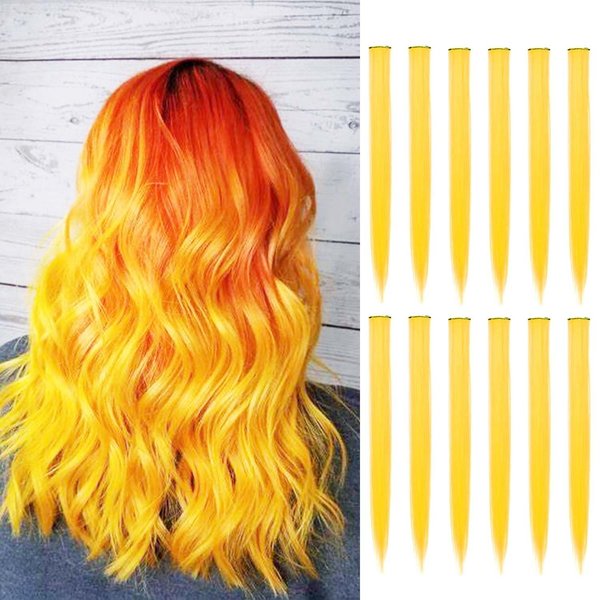 12 Pcs Colored Hair Extensions,22 inch Colored Highlights Clip in Hairpieces Rainbow Hair Extensions Colorful Party Straight Synthetic Hair Piece for Women Girls Gift (Yellow)