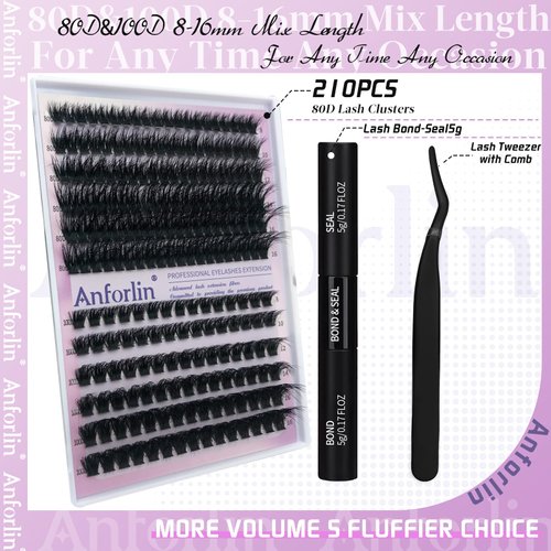 Lash Extension Kit Anforlin Fluffy Eyelash Extension Kit with 210PCS 80D+100D 8-16mm Lash Clusters, Lash Bond&Seal and Lashes Tweezers DIY Individual Eyelashes Kit for Beginner DIY at Home