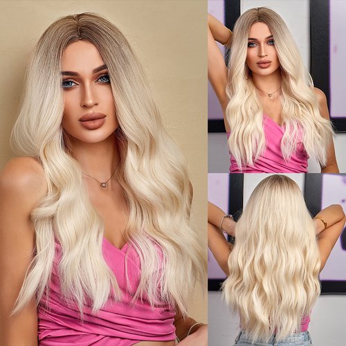 INSGOGO Long Body Wavy Blonde Wigs for Women 26 Inch 150 Density Heat Resistant Synthetic Wig Natural Middle Part Colored Wig for Cosplay Party Platinum Blonde Wig