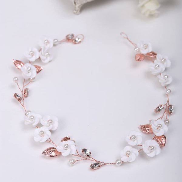 JWICOS Flower Rose Gold Wedding Headband for Brides and Bridesmaids Crystal Pearl Leaf Bride Hair Accessories Hair Vine Headpieces for Wedding (Rose Gold)