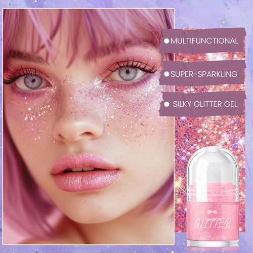 DAGEDA Roll-on Body Glitter Gel, Rave Accessories Face Glitter Makeup Body Shimmer, Sparkling, Holographic Fine Glitter Gel Rave Outfits for Women,05 Light Pink