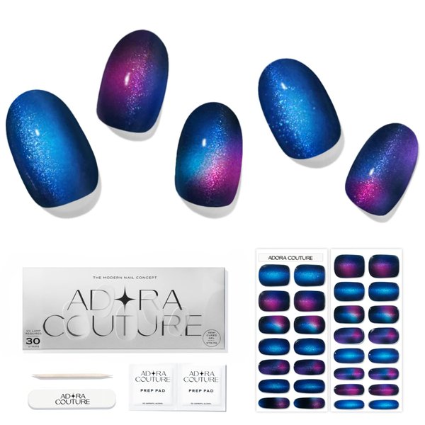 ADORA COUTURE Semi Cured Gel Nail Strips Kit | 30pcs Uv Gel Nail Stickers with Uv Light | Velvet CatEye Purple Blue Red Nail Wraps | Nail Gel Stickers for Nails Uv Light (Constellation)