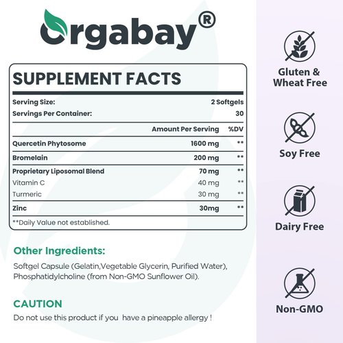 Orgabay Liposomal Quercetin Phytosome 1600 mg,Bromelain 200mg,Zinc 30mg,Vitamin C Turmeric 40 mg,Highest Absorption,Quercetin Complex, 120 Softgels