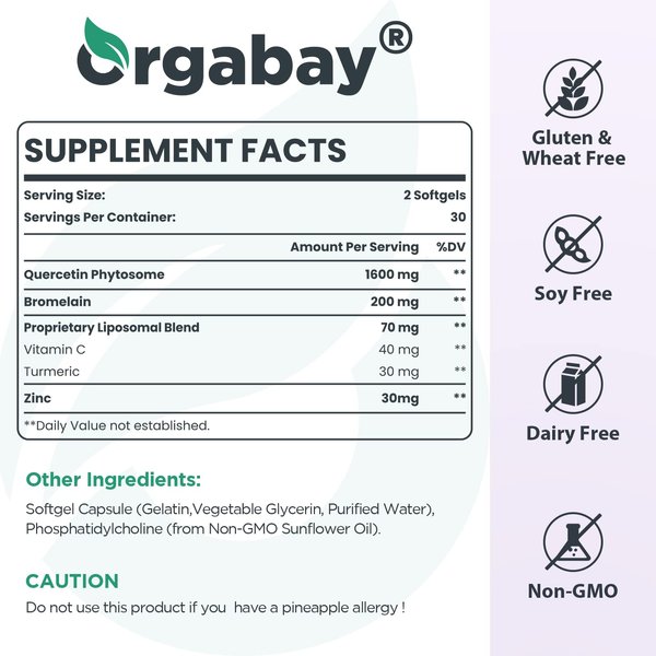 Orgabay Liposomal Quercetin Phytosome 1600 mg,Bromelain 200mg,Zinc 30mg,Vitamin C Turmeric 40 mg,Highest Absorption,Quercetin Complex, 120 Softgels