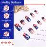 BFY 4th of July Press on Nails Medium Square Fake Nails, USA Flag Red White Glitter Acrylic Nails, Blue French Glossy Gel False Nails Kit Stick Glue on Nails Tip, Independence Day Decoration 24 Pcs