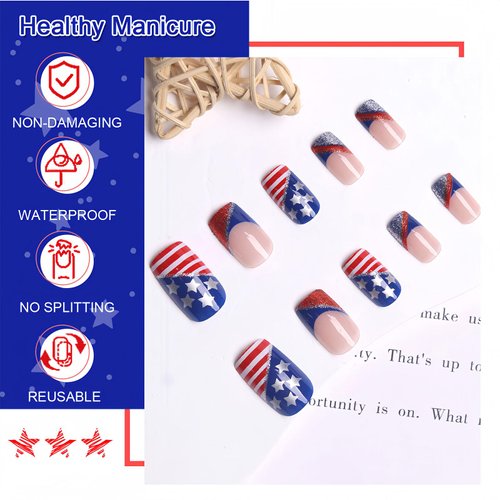 BFY 4th of July Press on Nails Medium Square Fake Nails, USA Flag Red White Glitter Acrylic Nails, Blue French Glossy Gel False Nails Kit Stick Glue on Nails Tip, Independence Day Decoration 24 Pcs