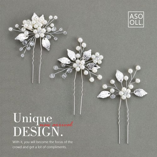 Asooll Pearl Bride Wedding Hair Pins Leaf Bridal Hair Pieces Hair Accessories for Women and Girls (Pack of 3) (Silver)