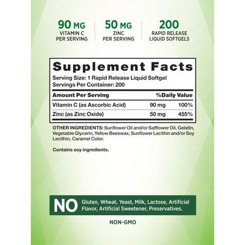 Zinc 50mg with Vitamin C | 200 Liquid Softgels | Non-GMO & Gluten Free Supplement | by Nature's Truth