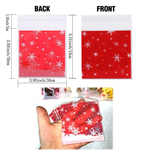 Snowflake Cellophane Bags Clear Self Sealing 4x5 Red Cellophane Bags Christmas Plastic Bags for Candy Goodie Cookie Bakery Holiday Party Supplies, 100 PCS by Baryuefull