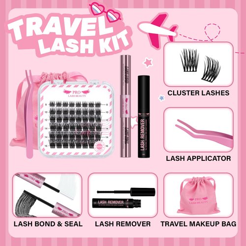 DIY Lash Extension Kit for Travel Lash Clusters Kit with 48 Pcs Lash Clusters Lash Bond and Seal Lash Remover Eyelash Applicator DIY Lash Travel Kit Convenient for Use Anywhere(Flutter Kit)