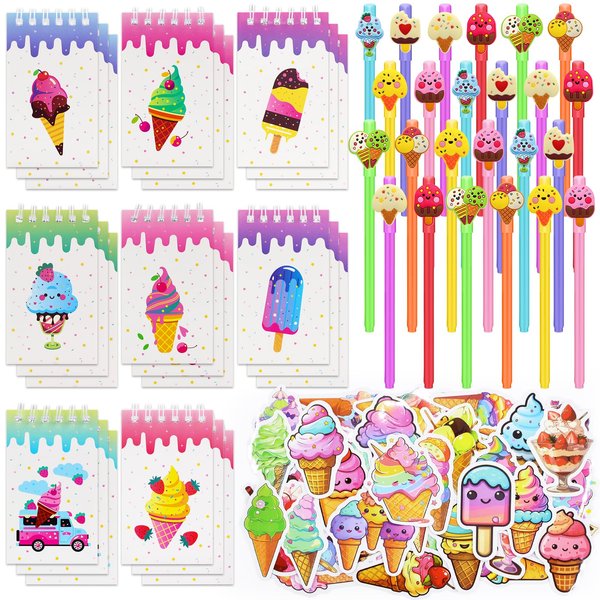 BOIKOKY 148Pcs Ice Cream Party Favors Set - 24 Ice Cream Notebooks, 24 Decorative Pens, 100 Stickers for Kids Ice CreamThemed Birthday Party Class Prizes Supplies