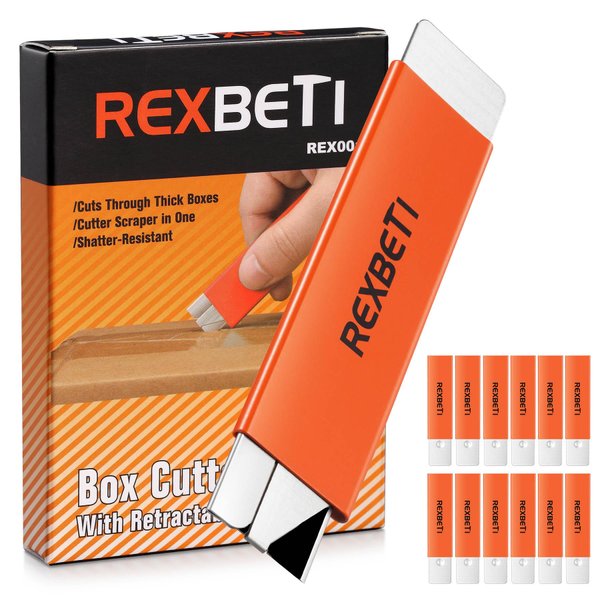 REXBETI 12 Pack Box Cutter, Retractable Cardboard Cutter, Handy Box Opener, More Sharp Single Edge Razor Blade Box Cutter Set for Packages Papers and Boxes, Antirust Utility Knife