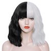Mersi Black White Wig Cruella Deville Wig Short Wavy Bob Wigs for Cruella Deville Costume Women Natural Cute Soft Wig with Wig Caps S046BW1