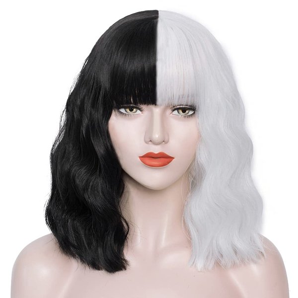 Mersi Black White Wig Cruella Deville Wig Short Wavy Bob Wigs for Cruella Deville Costume Women Natural Cute Soft Wig with Wig Caps S046BW1