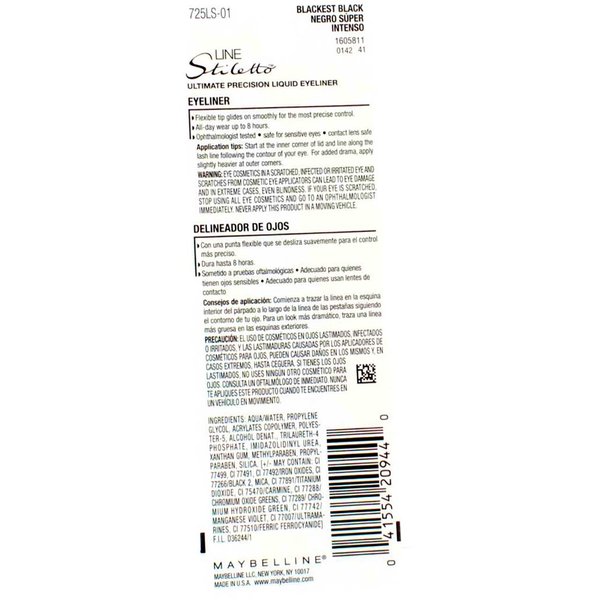 MaybellineNew York Line Stiletto Liquid Eyeliner, Blackest Black [501], 0.05 oz (Pack of 4)