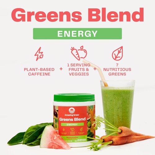Amazing Grass Green Superfood Energy: Super Greens Powder & Plant Based Smoothie Mix, Caffeine with Matcha Green Tea & Beet Root Powder, Watermelon, 60 Servings