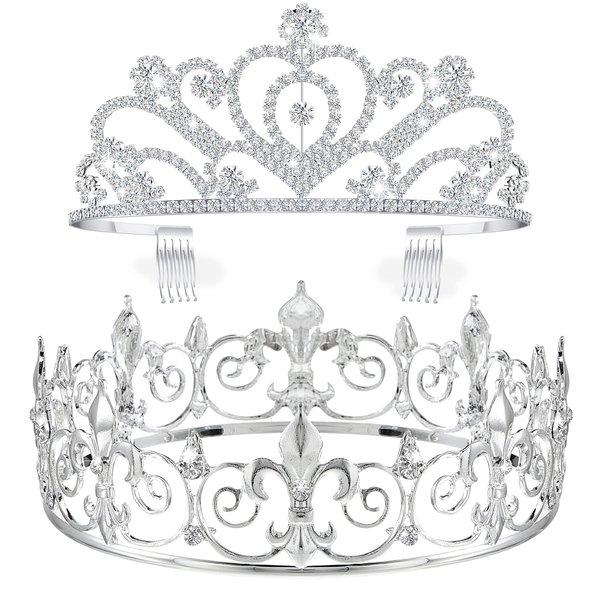 King Crown 2 Pcs Royal King Crown Metal Crystal Tiara Crown for Men Women Bridegroom Bride Princess for Wedding Halloween (Heart Style)